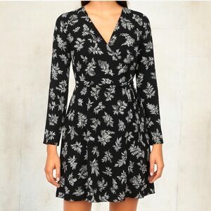 LOFT Black Floral Long Sleeve V‎ Neck Wrap Dress 2